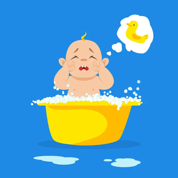 Brečící dítě při koupeli a pláč snění o žluté kachní vektor ilustrace — Stockový vektor
