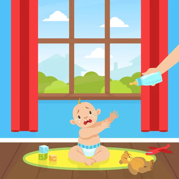 Söt liten bebis i blöja Sitter på golvet och gråter, Baby behöver Mjölkflaska vektor Illustration — Stock vektor