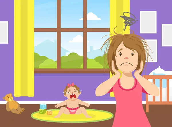 Unavený stresovaný mladý maminka stojící vedle pláč dítě, únava a deprese, problém porodnosti vektorové ilustrace — Stockový vektor