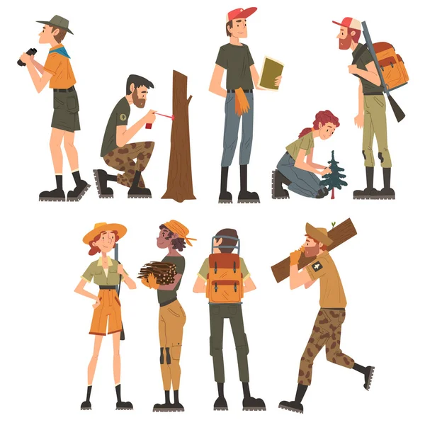 Male and Female Forest Rangers Working in Forest Set, National Park Service Employee Characters in Uniform Cartoon Style Vector Illustration — Stock Vector