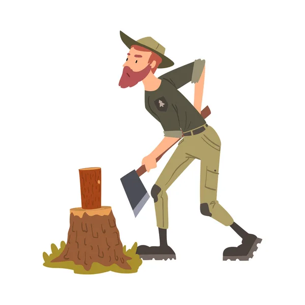 Man Forest Ranger Chopping Wood with Axe, National Park Service Employee Character Working in Forest Cartoon Style Vector Illustration — Stock Vector