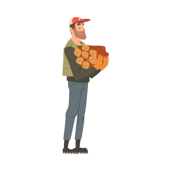 Man Forest Ranger Holding Bundle of Firewood, National Park Service Employee Character at Work Cartoon Style Vector Illustration — Stock Vector