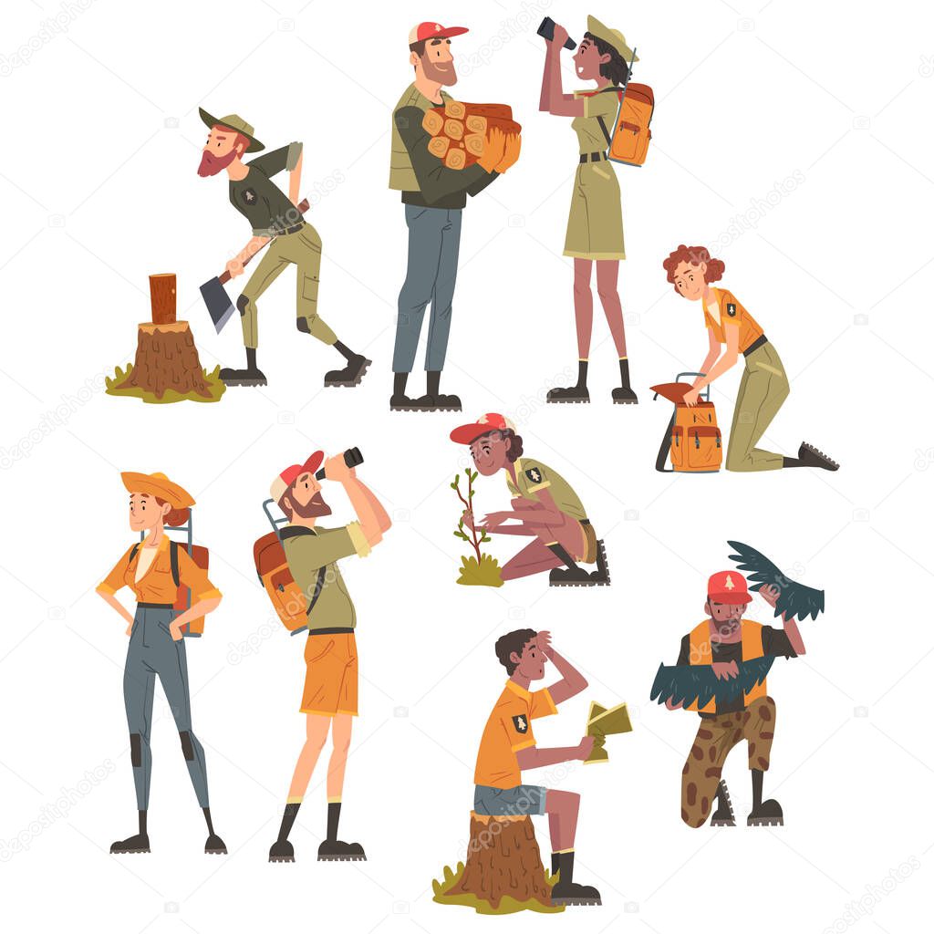 Forest Rangers at Working Set, National Park Service Employee Characters in Uniform Cartoon Style Vector Illustration