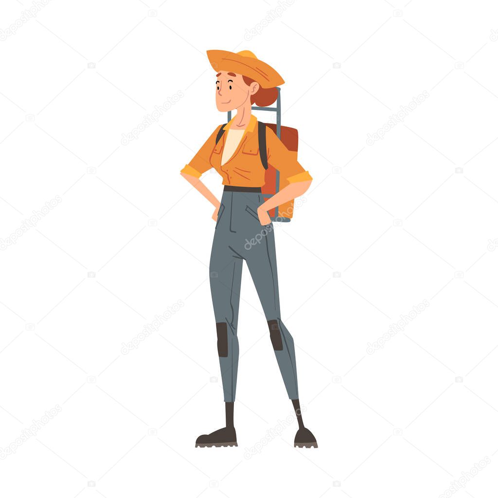Girl Forest Ranger Standing with Backpack, National Park Service Employee Character in Uniform and Hat Standing with Hands on her Waist Cartoon Style Vector Illustration