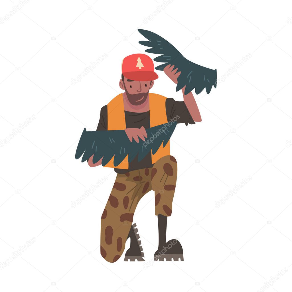 Man Forest Ranger Holds Bird Wings in his Hands, National Park Service Employee Character in Uniform Cartoon Style Vector Illustration