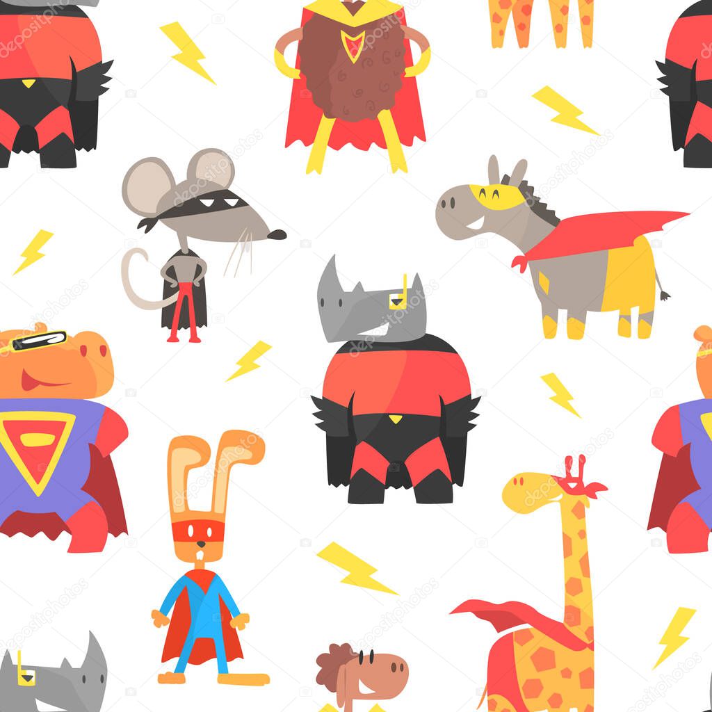 Superhero Animals Seamless Pattern, Cute Animal Characters in Capes and Masks, Textile, Wallpaper, Packaging, Background Design Cartoon Vector Illustration