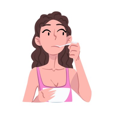 Genç Esmer Kadın Mutfak Masasında Kahvaltı Yapıyor, Sağlıklı Yemek Yiyen Kız, Günlük Etkinlik Günlük Çizgi Filmleri Beyaz Arkaplanda Şekil Vektör Resimleri