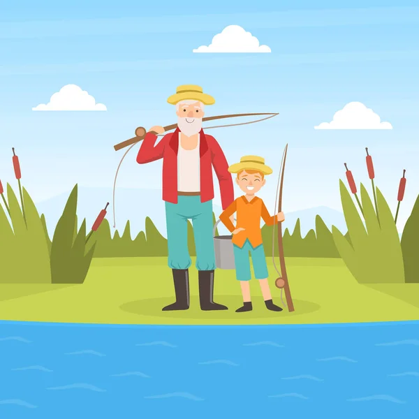 Großvater und Enkel beim Angeln, Großeltern und Enkelkinder beim sonnigen Sommertag Cartoon Vector Illustration — Stockvektor