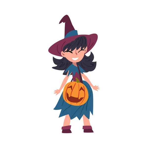 Girl Witch Standing with Bag Made of Pumpkin Wearing Dress and Hat, Cute Halloween Cartoon Character Vector Illustration — Stock Vector