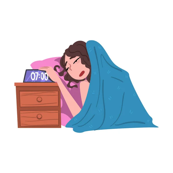 Young Woman Sleeping on her Bed Being Woken Up by Alarm Clock, People Activity Daily Routine Cartoon Style Vector Illustration on White Background — Stock Vector