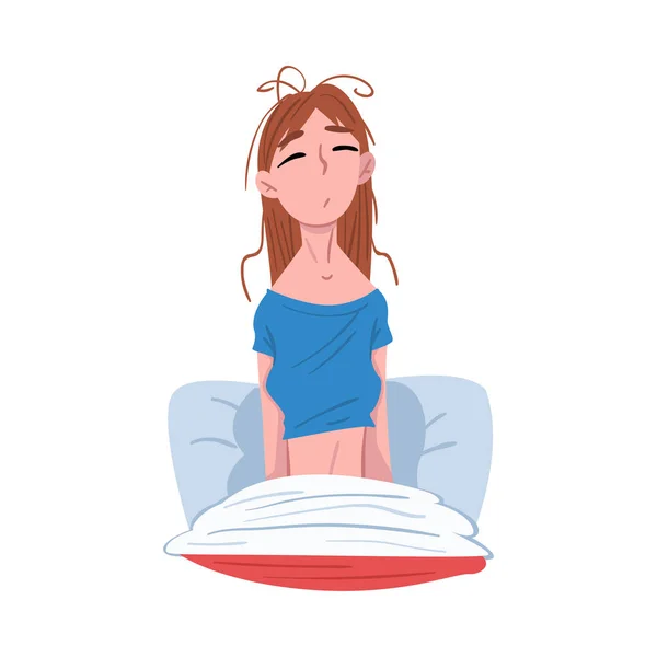 Ospalá mladá žena sedí ve své posteli po probuzení, Lidé Aktivita Denní rutinní karikatura styl vektorové ilustrace na bílém pozadí — Stockový vektor