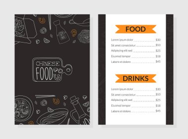 Çin Gıda Menüsü Şablonu, Geleneksel Asya Mutfak Tabakları, Restoran veya Kafe Tasarım Element Vektör Resimleri