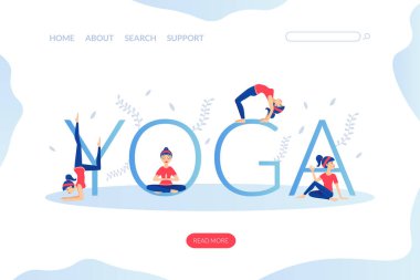 Yoga İniş Sayfası Şablonu, Çeşitli Asana Pozisyonları Çalışan Genç Kadın, Yoga Okulu Stüdyosu, Çevrimiçi Yoga Sınıfı Düz Vektör İllüzyonu