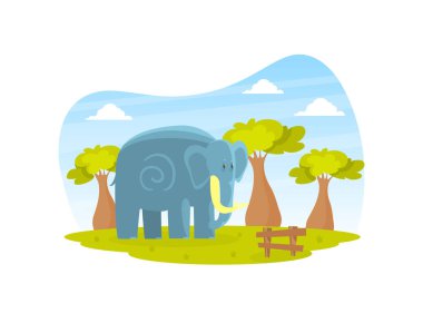 Güzel Afrika Manzarasında Şirin Fil Hayvanat Bahçesinde Vahşi Hayvan veya Safari Park Vektör Resimleri