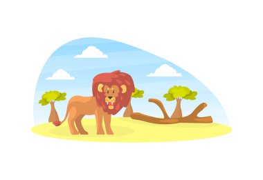 Güzel Afrika Manzarası 'nda Şirin Aslan Hayvanat Bahçesinde Vahşi Hayvan veya Safari Park Vektör Resimleri