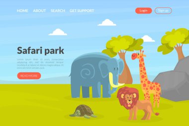 Safari Park İniş Sayfası Şablonu, Afrika Vahşi Hayvanlar Parkı Web Sitesi, Web Sayfa Vektör İllüstrasyonu