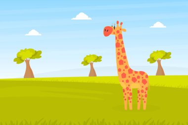 Güzel Afrika Manzarası Üzerine Şirin Zürafa Hayvanat Bahçesi 'ndeki Vahşi Hayvan veya Safari Park Vektör İllüstrasyonu
