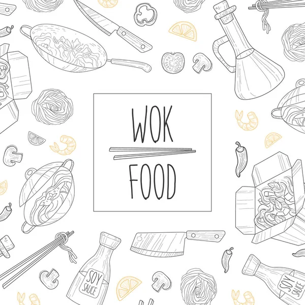 Wok Food Banner Template,伝統的なアジア料理レストラン,カフェデザイン要素,バナー,フライヤー,カードベクトルイラスト — ストックベクタ