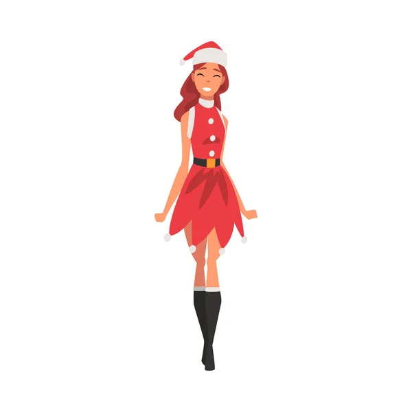赤いサンタクロースのドレスと帽子を身に着けている幸せな女の子、エレガントなクリスマス服のベクトルイラスト — ストックベクタ