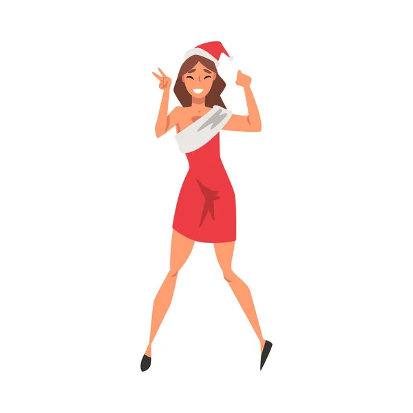 Noel 'i Kutlayan Mutlu Kız Kırmızı Noel Baba Elbisesi ve Şapka Gösterimi Giyiyor — Stok Vektör