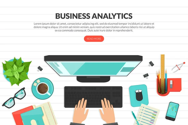 Business Analytics, Top View of Workplace with Computer and Typing Hands, Remote Job, Home Office Homepage, Website Flat Vector Illustration — Stockový vektor