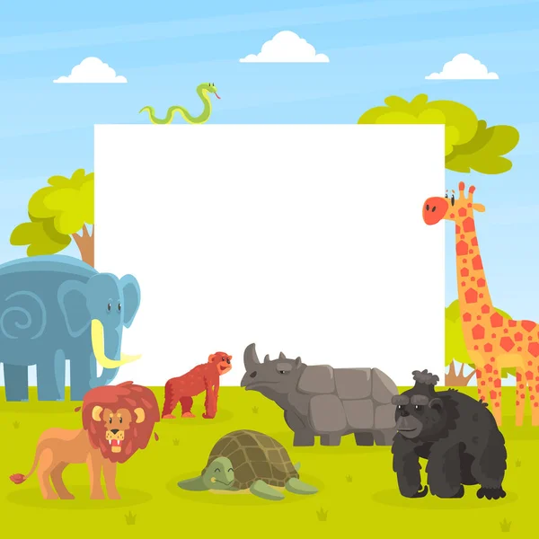 Animales lindos de la selva con bandera blanca vacía, jirafa, elefante, león, mono, rinoceronte, orangután, tortuga de pie junto al letrero en blanco Vector ilustración — Vector de stock