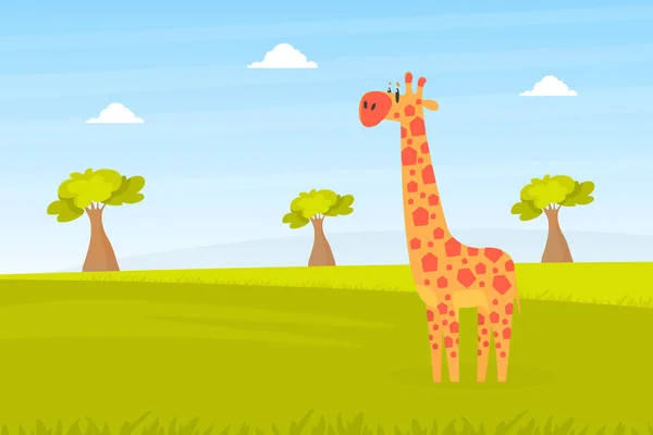 Söt Giraff på Vackra Afrikanska Landskap, Vilda Djur I Zoo Eller Safari Park Vektor Illustration — Stock vektor