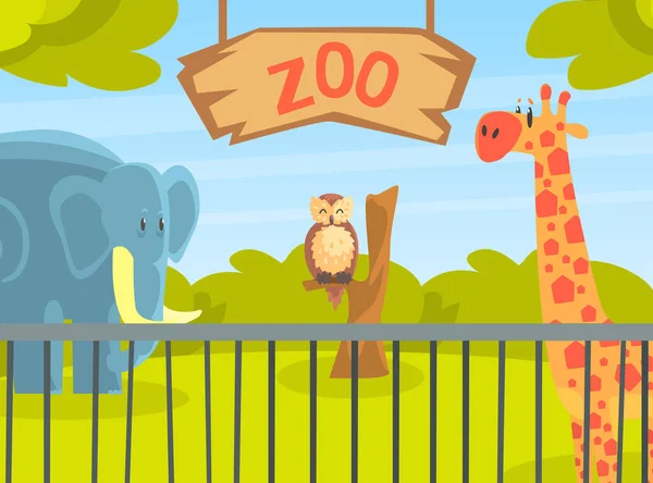 Zoo Park with Wild Animals, Natural African Landscape with Wild Giraffe, Elephant, Owl Animal Vector Illustration