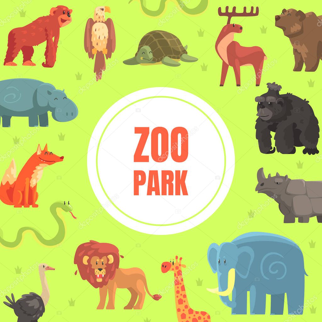 Zoo Park Banner Template with Cute Wild African Animals Vector Illustration