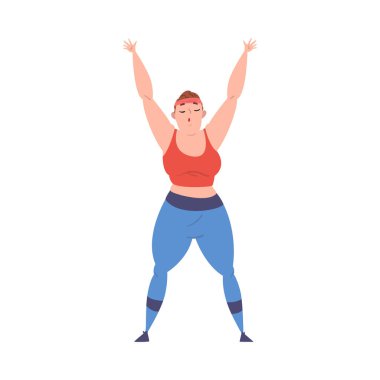 Plump Girl Spor Yapıyor, Kilo Verme Süreci, Genç Kilolu Kadın Beyaz Arkaplanda Formda Çizgi Film Gösterimi