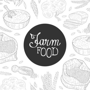 Çiftlik Gıda Şablonu, Organik Tarım Tesisleri ve Fırınlanmış Ürünler El Çizimi Şablonu, Fırın, Kafe, Paketleme, Menü Tasarım Vektörü İllüstrasyonu