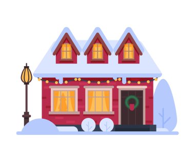 Karlı Suburban Evi, Şirin Kırsal Kışlık Kır Evi, Kereste Kulübe Vektör İllüstrasyonu