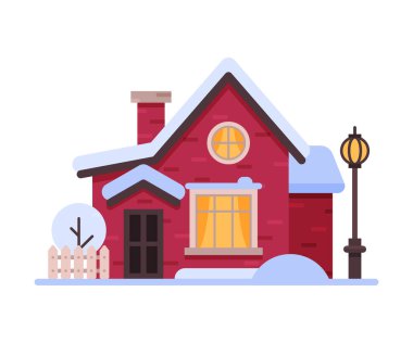 Snowy Suburban Tahta Kulübesi, Şirin Kırsal Kışlık Ev, Klasik Sokak Lambası Vektör İllüstrasyonlu Kereste Kulübesi