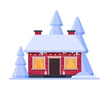 Snowy Suburban Tahta Kulübesi, Şirin Kırsal Kışlık Ev Parlayan Pencere Resimli Tahta Kulübe