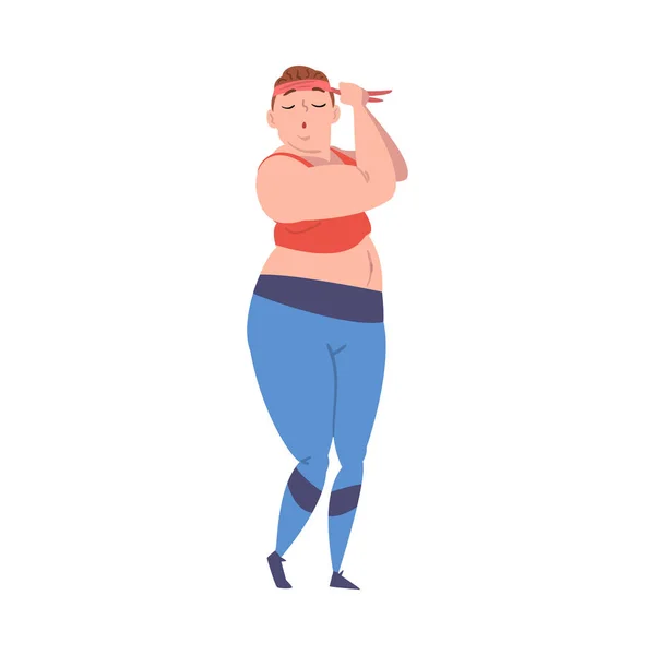 Plump Mädchen tragen Sport-Outfit, Gewichtsverlust Prozess, junge übergewichtige Frau fit Cartoon Vector Illustration auf weißem Hintergrund — Stockvektor