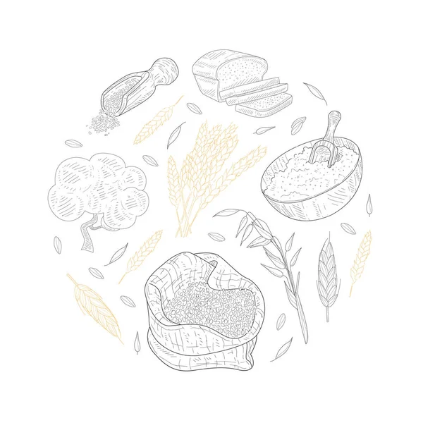 Rośliny rolne i wypieki z okrągłego kształtu, Farm Food, Bakeshop, Cafe, Packaging, Menu Projekt ręcznie rysowane wektor ilustracji — Wektor stockowy