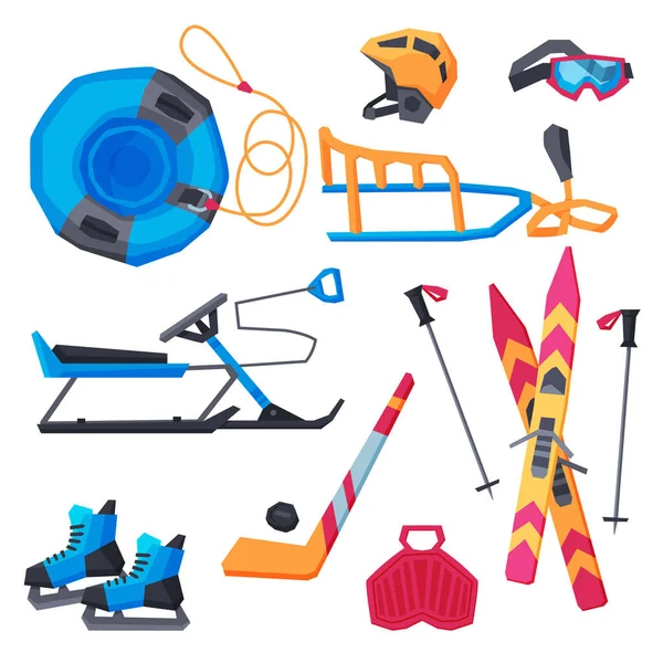 Winter Outdoor Sports and Leisure Equipment Collection, Inflatable Snow Tubing, Sled with Steering Wheel, Skis and Sticks, Hockey Stick, Puck and Ice Skates, Helmet, Vector Illustration — Stock Vector