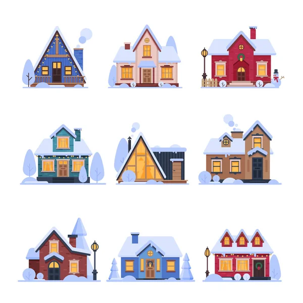 Roztomilé zasněžené příměstské domy Set, Venkovské chaty budovy s žhnoucí okna vektorové ilustrace — Stockový vektor