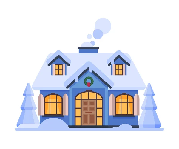 Snowy Suburban House, Rural Winter Cottage com Fumar Chaminé Vector Ilustração — Vetor de Stock