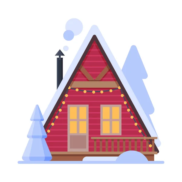 Casa di periferia nevosa, rurale rosso inverno Cottage con fumante camino vettoriale illustrazione — Vettoriale Stock