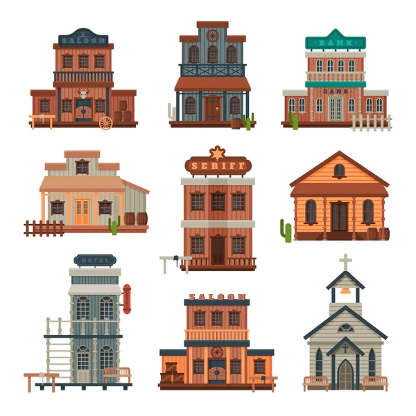 Wild West Wooden Buildings Colección, Banco, Salón, Oficina del Sheriff, Iglesia, Western Town Design Element Vector Illustration — Vector de stock