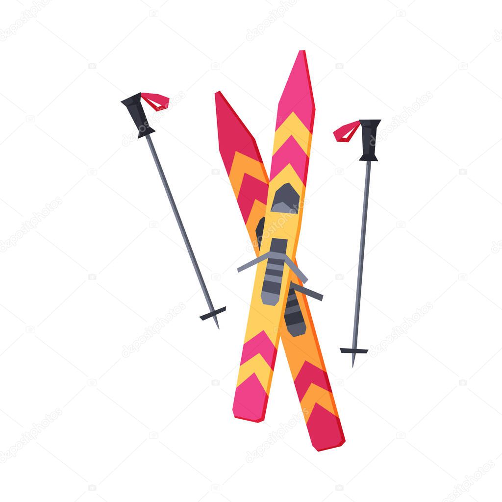 Skis and Sticks, Outdoor Winter Sport Equipment Vector Illustration