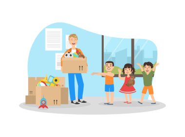 Erkek Gönüllü Verici Küçük Çocuklara Oyuncaklarla Kutu Veriyor, Gönüllü Olma, Yardım, İnsanlara Destek Verme Vektör İlülasyonu
