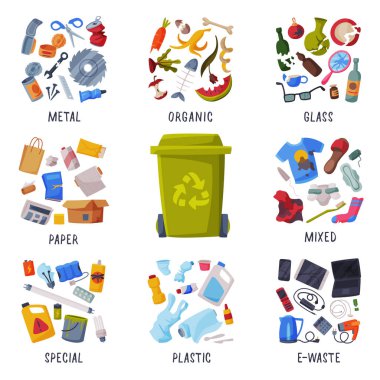 Atık Ayıklama, Farklı Çöp Tipleri, Kağıt, Plastik, Metal, Cam, Organik, E-Atık, Ayrım ve Ayrılma Çöp Çöp Çöp Çöp Çöp Çöp Çöp Kutuları Vektör İlülasyonu