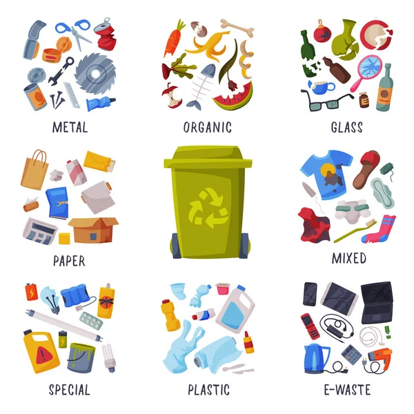 Atık Ayıklama, Farklı Çöp Tipleri, Kağıt, Plastik, Metal, Cam, Organik, E-Atık, Ayrım ve Ayrılma Çöp Çöp Çöp Çöp Çöp Çöp Çöp Kutuları Vektör İlülasyonu