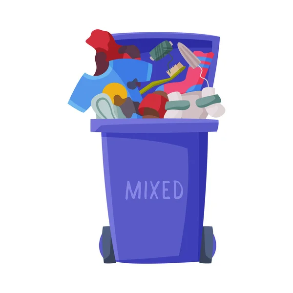 Lata de basura azul con basura mixta, segregación y separación Eliminación de basura Rechazar Papelera Vector Ilustración — Vector de stock