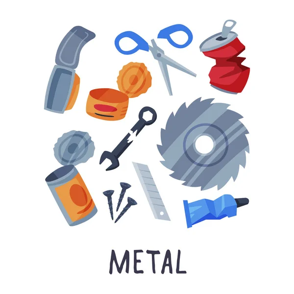 Metallabfallsortierung, -trennung und -trennung des Müllvektors Illustration auf weißem Hintergrund — Stockvektor