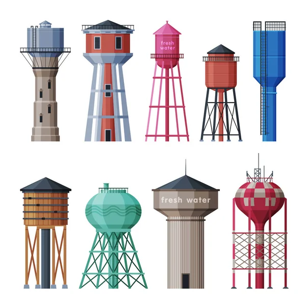 Water Tower Industrial Constructions Collection, Countryside Life objekt Platt vektor Illustration på vit bakgrund — Stock vektor