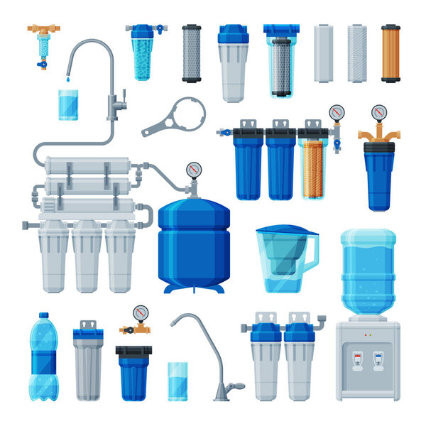 Water Filters Set, Equipment for Water Cleaning, Special Modern Technologies for Liquid Purification Vector Illustration on White Background
