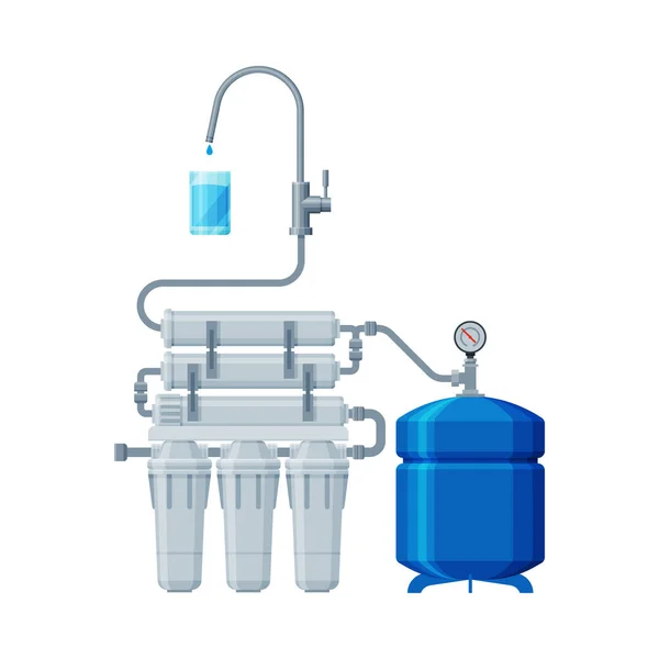 Waterfiltersysteem, Speciale Moderne Technologieën voor Waterzuivering Vector Illustratie op Witte Achtergrond — Stockvector